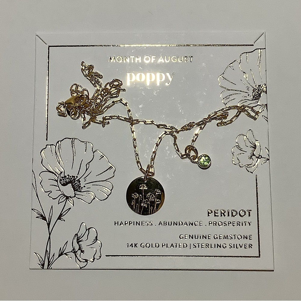 August Birthday Flower & Peridot Gem 14k Gold Plated Necklace New